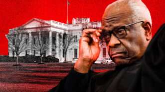 A red background with a picture of the White House and Clarence Thomas in the foreground | Illustration: Adani Samat. Photo: Chip Somodevilla - Pool via CNP/picture alliance / Consolidated News Photos/Newscom/Envato