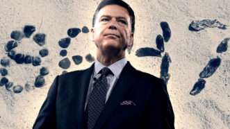 Former FBI Director James Comey against a backdrop of his "86 47" seashell picture | Justin Tang/Zuma Press/Newscom/Instagram/James Comey