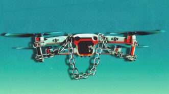 A DJI aerial drone, in chains. | Illustration: DJI/Midjourney
