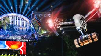 A picture of a drone next to a picture of the White House UFC event | Illustration: Adani Samat/Patrick B. Ruddy/White House via AQP/Newscom/Envato