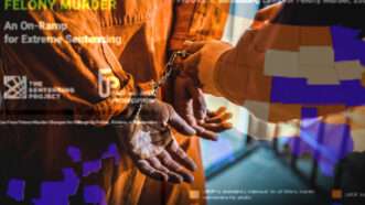 a photo of a handcuffed prison overlaid with images from a report on felony murder laws | Adani Samat/Envato
