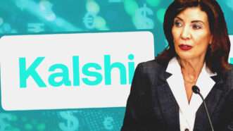 An illustration of Kathy Hochul alongside the Kalshi logo | Bianca Otero/ZUMAPRESS/Newscom/Timon Schneider