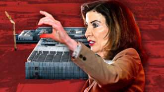 Kathy Hochul and data centers against a red background | Snehitdesign/Adani Samat/Anthony Behar/Sipa USA/Newscom