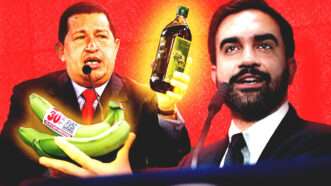 Hugo Chávez holds bananas and a bottle of cooking oil beside Zohran Mamdani. | NYCMayor/X/Jerry Lara/ZUMA Press/Newscom