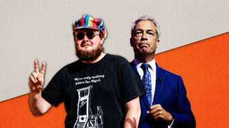 Someone wearing a tshirt with a guillotine and the words "we're only making plans for Nigel" on the left, Nigel Farage on the right | Justin Ng / Avalon/Newscom Illustration: Fatima Ruiz