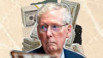 Mitch McConnell against a background of money | Photo: Adani Samat/BONNIE CASH/UPI/Newscom/ChatGPT