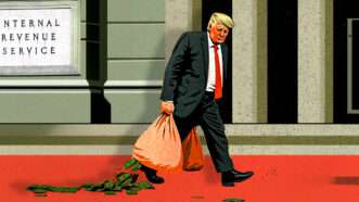 President Donald Trump dragging a bag of money out of the IRS headquarters | Adani Samat/Midjourney