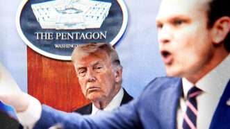 Pete Hegseth, Donald Trump, and the Pentagon logo | Photo: U.S. Navy Photo/SIPA/Newscom/CNP / AdMedia. Illustration: Adani Samat