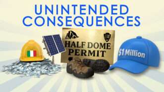 A hard hat with an Italian flag sits on a pile of Euros, a pair of hiking boots rest near a gold permit for the Half Dome hike, and a blue cap labeled with $1 million | ReasonTV