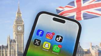 A cell phone with the icons for Facebook, Instagram, TikTok, X, Snapchat, and WhatsApp on the home screen. Big Ben and the British flag are in the background. | Illustration: Tomas Marek/Dreamstime/Elisa Schu/dpa/picture-alliance/Newscom