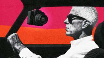 A man drives a car with a camera pointed at his face. | Illustration: Midjourney