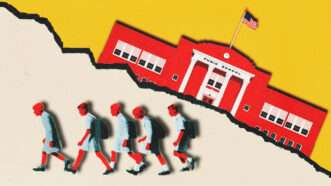 An illustration of children walking away from a school | Illustration: Midjourney