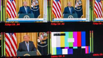 President Donald Trump addresses the nation, as depicted on multiple simultaneous broadcast screens, with one of them showing a test pattern. |  Aaron Schwartz - Pool via CNP/picture alliance / Consolidated News Photos/Newscom