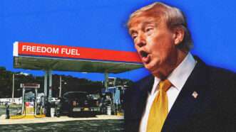 President Donald Trump and a Freedom Fuel gas station in the background | Illustration: Jumeau Alexis/ZUMAPRESS/Newscom/Midjourney
