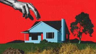 A hand reaches toward a house in front of a red backdrop | Illustration: Janceluch/Dreamstime/Midjourney