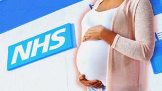 A pregnant woman cradles her stomach, with a National Health Service (NHS) logo in the background. | Illustration: Syda Productions/Marbury67/Dreamstime