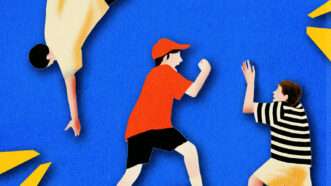 Three kids play against a blue backdrop | Midjourney