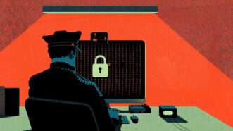 A police officer sits in front of a computer with a lock on the screen. | Illustration: Midjourney