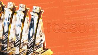 Trophies for the LA Press Club's Southern California Journalism Awards are seen next to the Reason magazine logo | Illustration: Adani Samat; Los Angeles Press Club