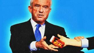 An image of Robert F. Kennedy Jr. accepting a bottle of pills from a hand that's extending from out of the frame. | Illustration: Aaron Schwartz/Sipa USA/Newscom/Midjourney