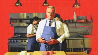 A stylized image of Robert F. Kennedy Jr. wearing an apron and standing in a commercial kitchen with raw ground beef in front of him. | Illustration: Midjourney