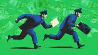 Illustration of two police officers running with money in the background | Illustration: Mikael Damkier/Dreamstime