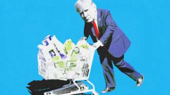 President Donald Trump pushing a shopping cart with food inside | Illustration: Midjourney