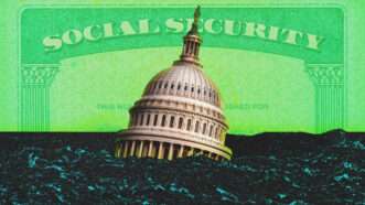 The U.S. Capitol floats in water in front of a Social Security backdrop | llustration: William Perry/Dreamstime/Midjourney