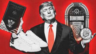 An illustration of Donald Trump with a Trump Bible, Trump sneakers, a Trump jukebox, and a Trump commemorative coin | Illustration: Midjourney