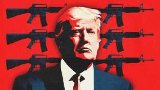 President Donald Trump and a backdrop of semiautomatic rifles | Illustration: Midjourney