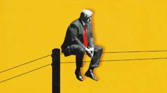 President Donald Trump sitting on power lines with a yellow background | Midjourney