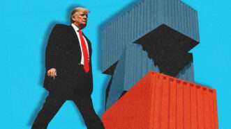 President Donald Trump strides by a stack of shipping containers | Midjourney