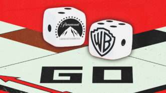 Dice on a Monopoly board with the Paramount Skydance and Warner Brothers logos | Illustration: Warner Bros/Paramount/Midjourney