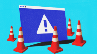 A computer screen, with safety cones around it | Illustration: Midjourney