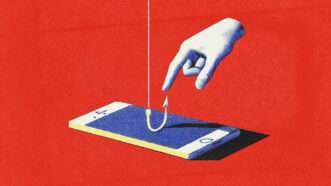 Hand touching a smartphone with a fishing hook | Illustation: Midjourney