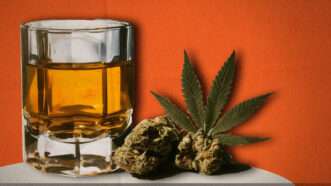 An illustration showing marijuana buds alongside a class of liquor | V2: Illustration: Midjourney.