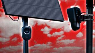 automated license plate readers on poles against a red sky | Photo: M. Scott Brauer/Paul Weaver/Zuma Press/Newscom/Starfotograf/Dreamstime | Illustration: Fatima Ruiz