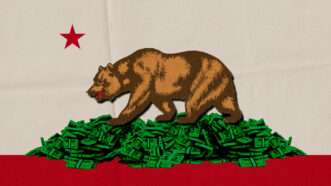 California flag with bear standing on piles of money | Fatima Ruiz/Digitalstormcinema/Dreamstime.