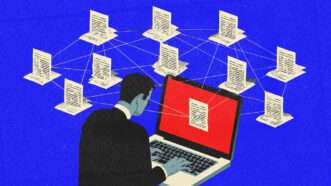 An illustration of a suited man sitting in front of a computer among a network of computers | Illustration: Midjourney