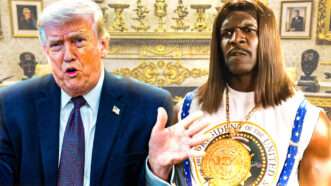 Donald Trump next to Terry Crews as President Dwayne Elizondo Mountain Dew Herbert Camacho in "Idiocracy" | Illustration: Adani Samat. Photo: Aaron Schwartz - Pool via CNP / MEGA / Newscom/RSSIL/Newscom/20th Century Studios