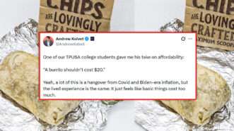 A screenshot of an X post by Andrew Kolvet about $20 burritos | X/James Andrews/Dreamstime
