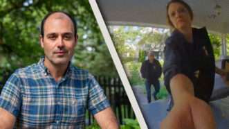 David Streever and two ICE agents at his door | Jeffrey Carlson/Crimson Dawn Media/FIRE
