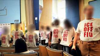 Several people wearing shirts that say "ICE OFF FIU" | Photo: TheFIREorg/X