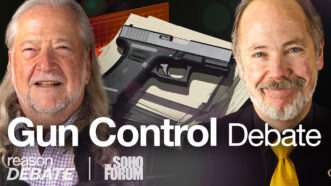 Statistician Aaron Brown on the left, professor Robert Spitzer on the right, the words "Gun Control Debate" in white on the image, a gun in the background, and the logos for Reason Debate and The Soho Forum in the lower left corner | Graphic by Adani Samat