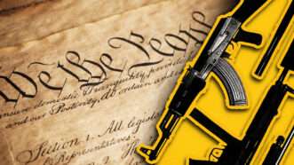 short-barreled rifles with suppressors against a backdrop of the U.S. Constitution | Photo: Chard525/Dreamstime | Illustration: Fatima Ruiz/Midjourney
