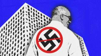 A man wears a shirt with a swastika on the back, with a circle and a line through it. | Illuatration: Midjourney