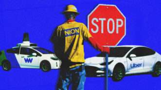 An illustration of a union worker holding a stop sign in front of two driverless cars | Illustration: Midjourney