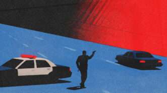A police officer points a gun while approaching a car. | Illustration: Midjourney