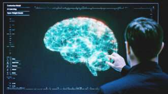 Human brain on a screen, with a man looking at it with AI models | Adani Samat/Midjourney