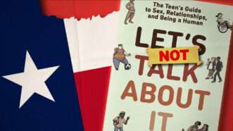 Cover of the book 'Let's Talk About It' in front of the Texas state flag | Penguin Random House. Illustration: Fatima Ruiz/Midjourney.